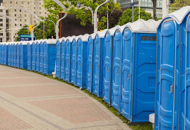 hygienic portable restrooms lined up at a music festival, providing comfort and convenience for attendees in Ellicott City